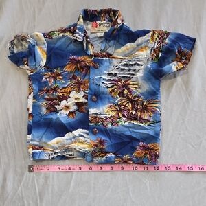 Kids Blue Hawaiian Button-Down Shirt with Tropical Print Camp Shirt